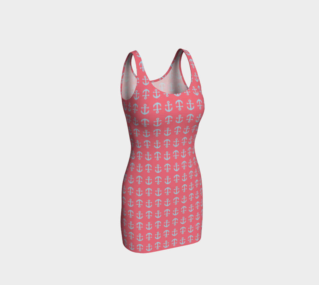 Anchor Toss Bodycon Dress - Light Blue on Coral SummerTies Anchor Toss Bodycon Dress - Light Blue on Coral SummerTies