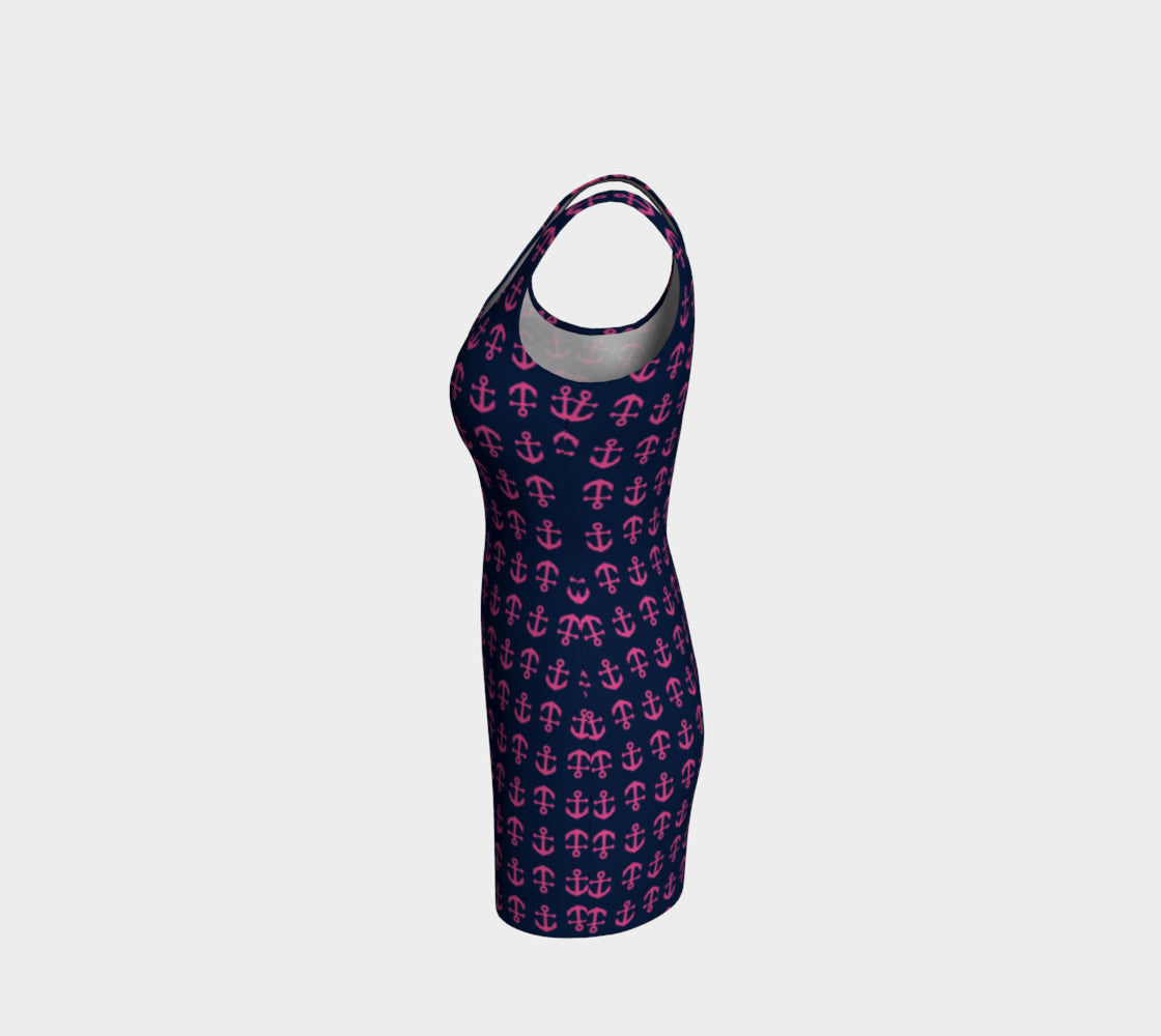 Anchor Toss Bodycon Dress - Pink on Navy - SummerTies