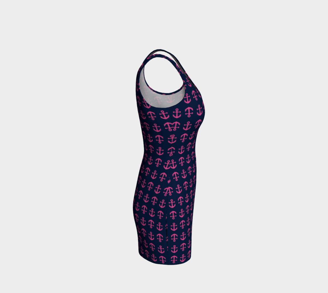 Anchor Toss Bodycon Dress - Pink on Navy - SummerTies