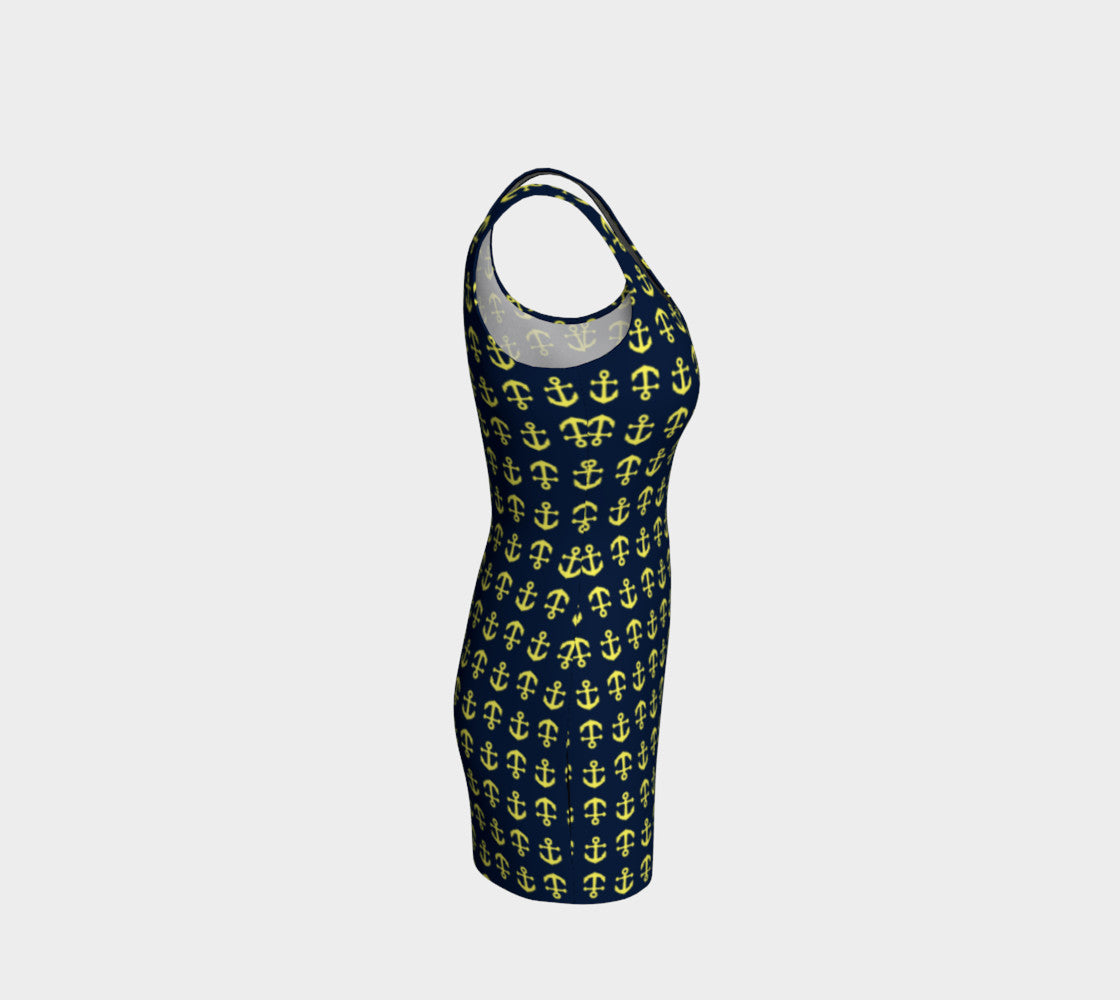 Anchor Toss Bodycon Dress - Yellow on Navy - SummerTies