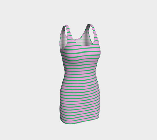 Striped Bodycon Dress - Green on Light Pink - SummerTies