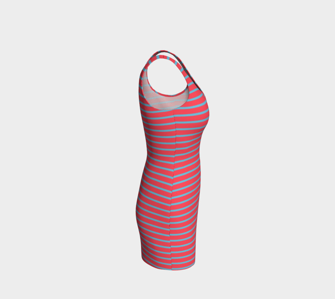 Striped Bodycon Dress - Light Blue on Darker Coral - SummerTies