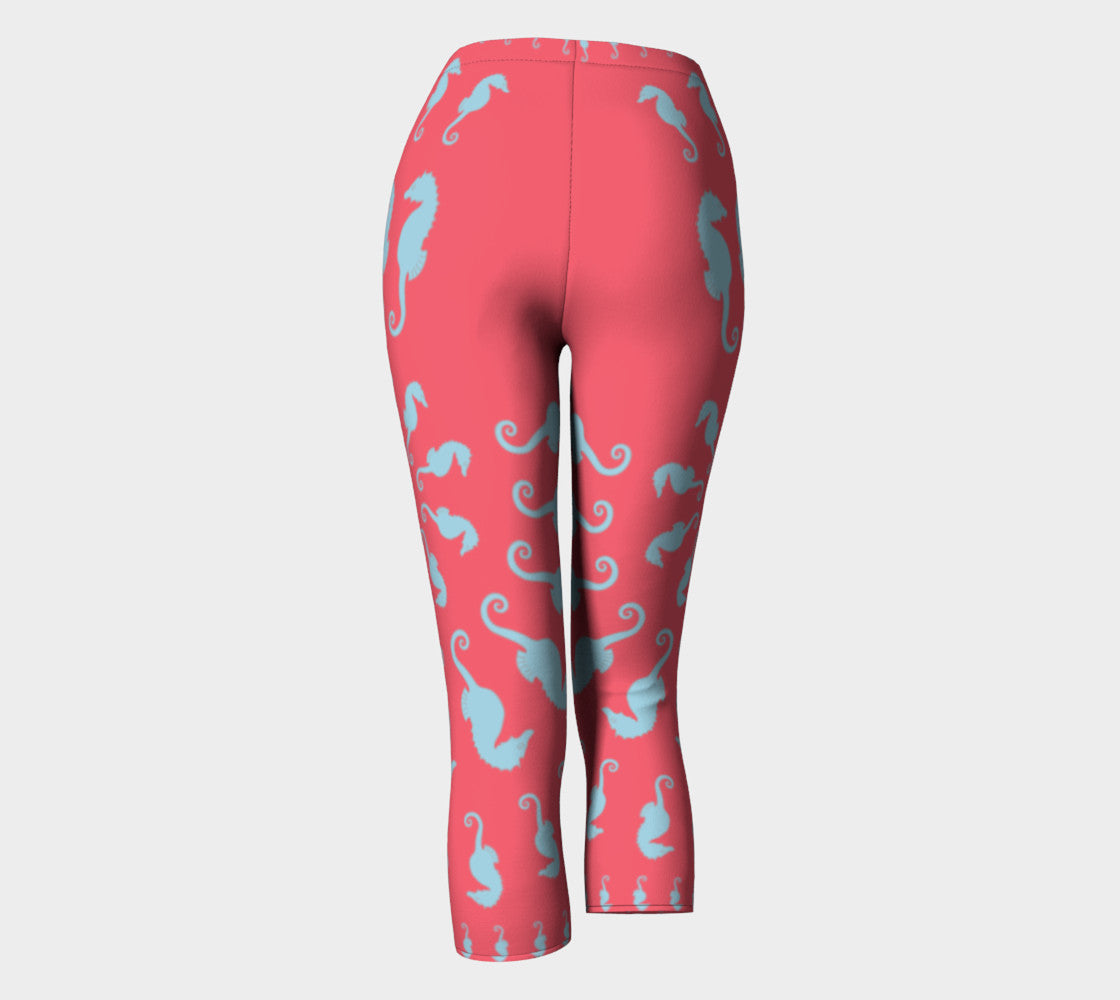 Seahorse Adult Capris - Light Blue on Coral - SummerTies