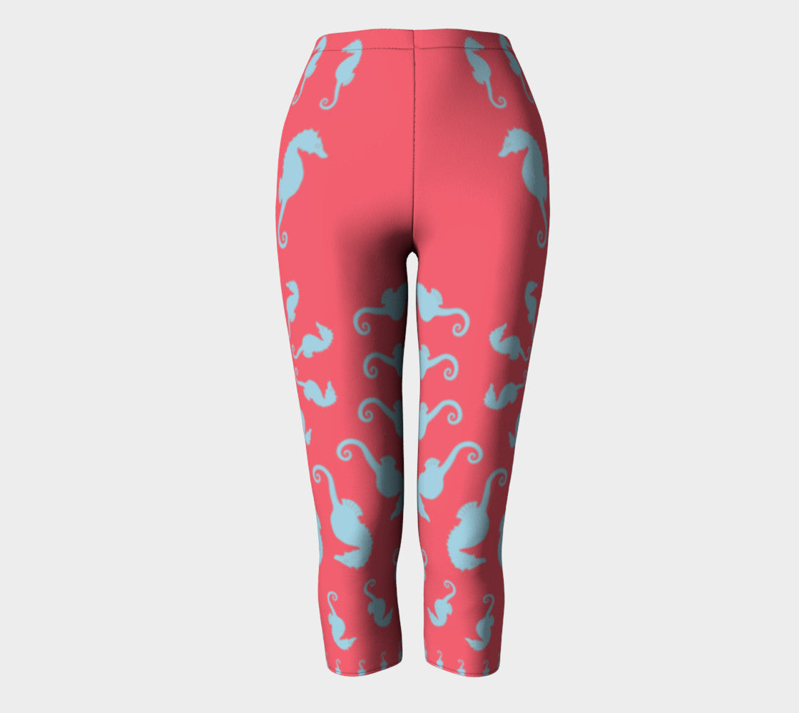 Seahorse Adult Capris - Light Blue on Coral - SummerTies