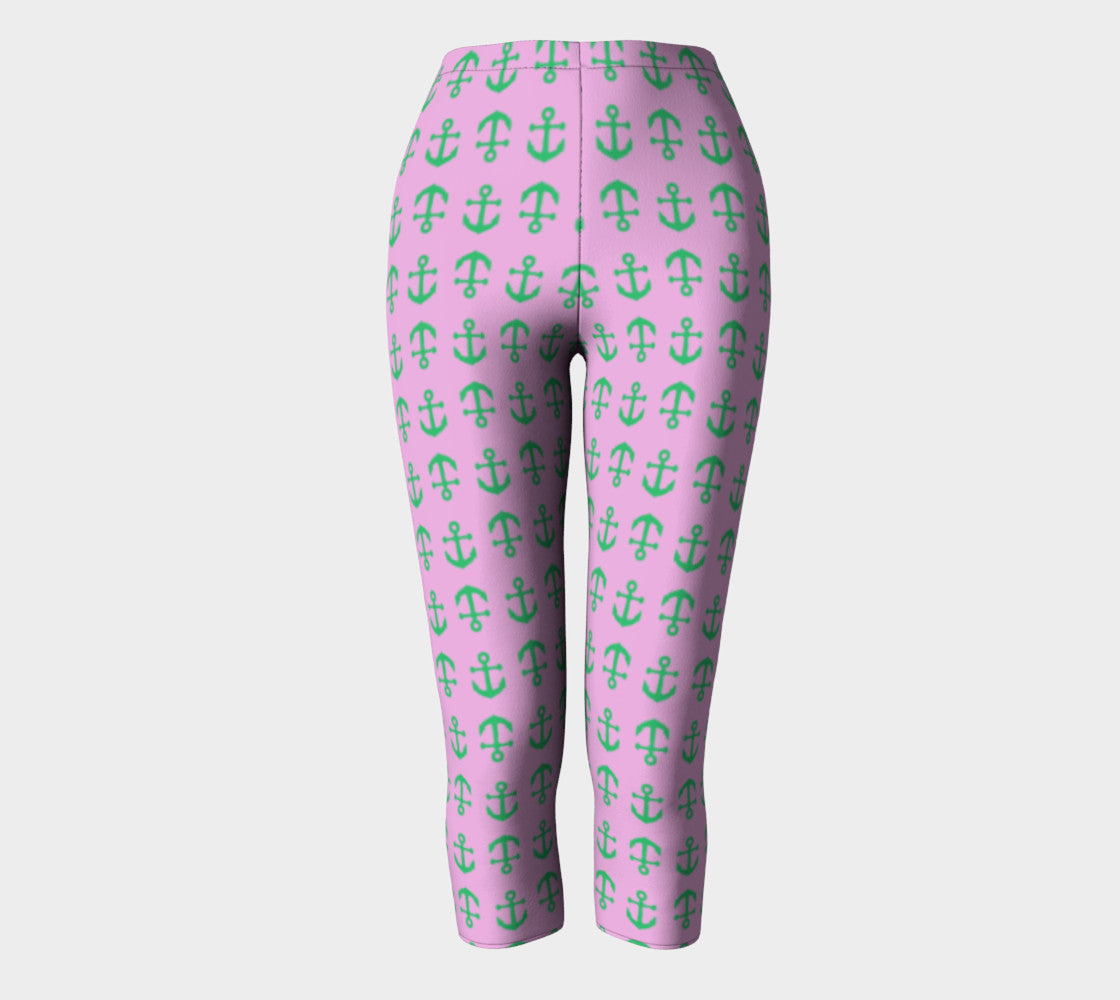 Anchor Toss Adult Capris - Green on Light Pink - SummerTies