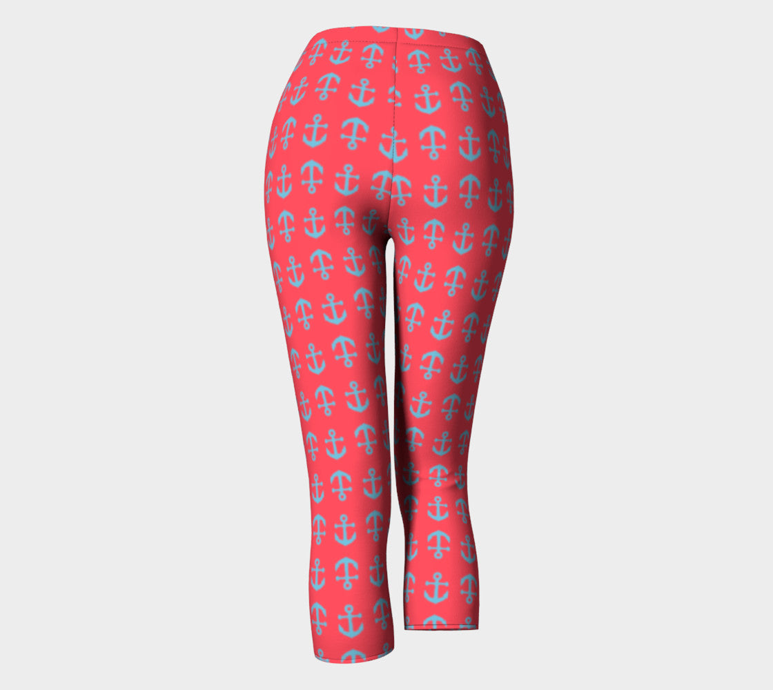 Anchor Toss Adult Capris - Light Blue on Darker Coral - SummerTies