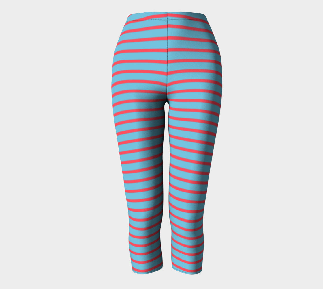 Striped Adult Capris - Darker Coral on Light Blue - SummerTies
