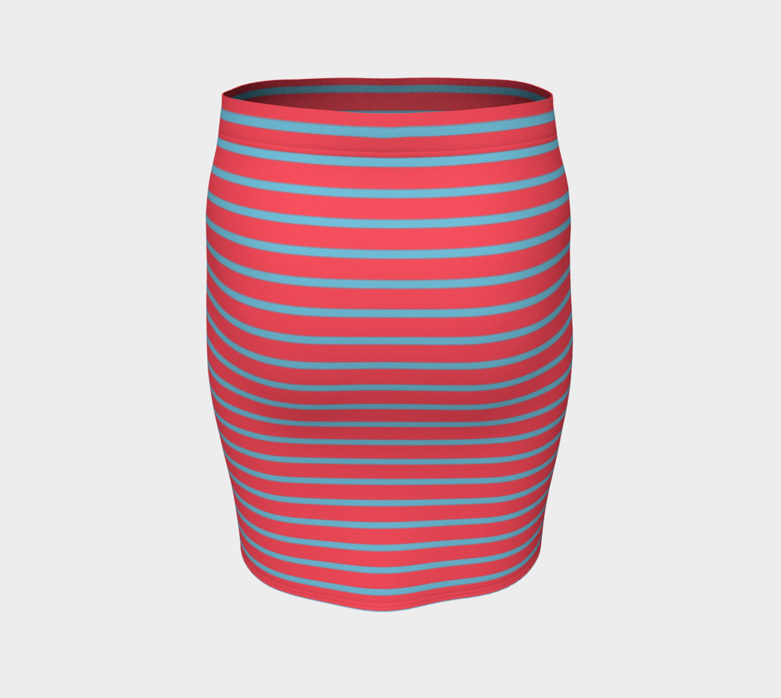 Striped Fitted Skirt - Light Blue on Darker Coral - SummerTies