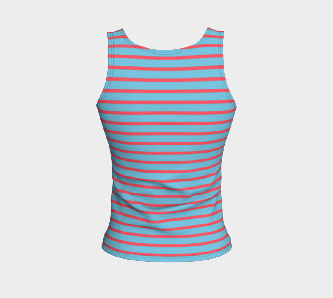 Striped Fitted Tank Top - Darker Coral on Light Blue - SummerTies