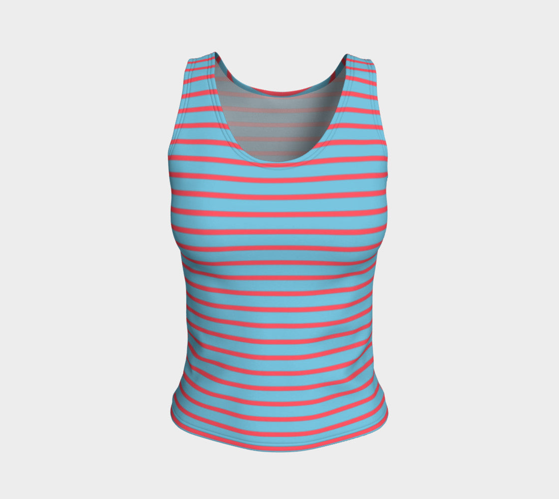 Striped Fitted Tank Top - Darker Coral on Light Blue - SummerTies