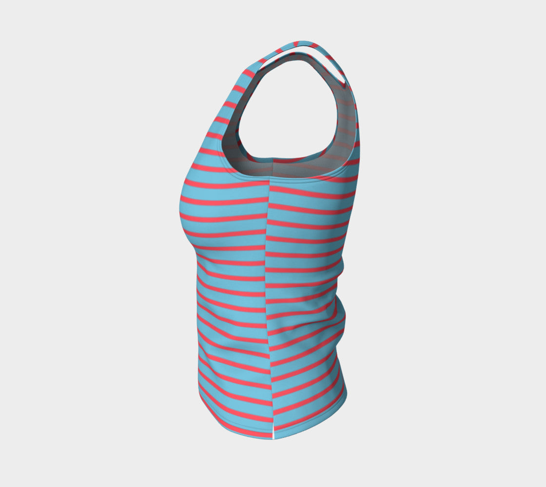 Striped Fitted Tank Top - Darker Coral on Light Blue - SummerTies