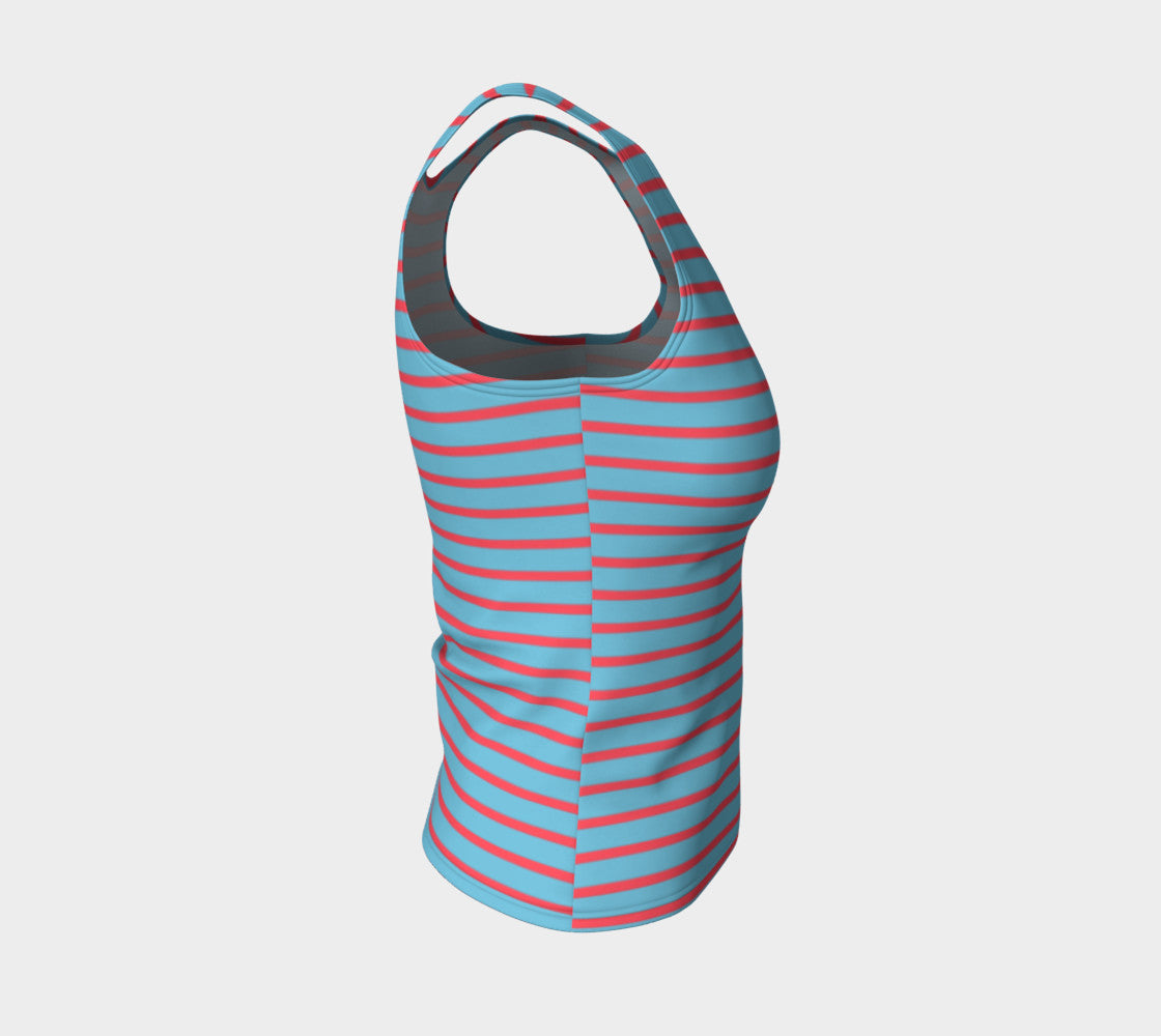 Striped Fitted Tank Top - Darker Coral on Light Blue - SummerTies