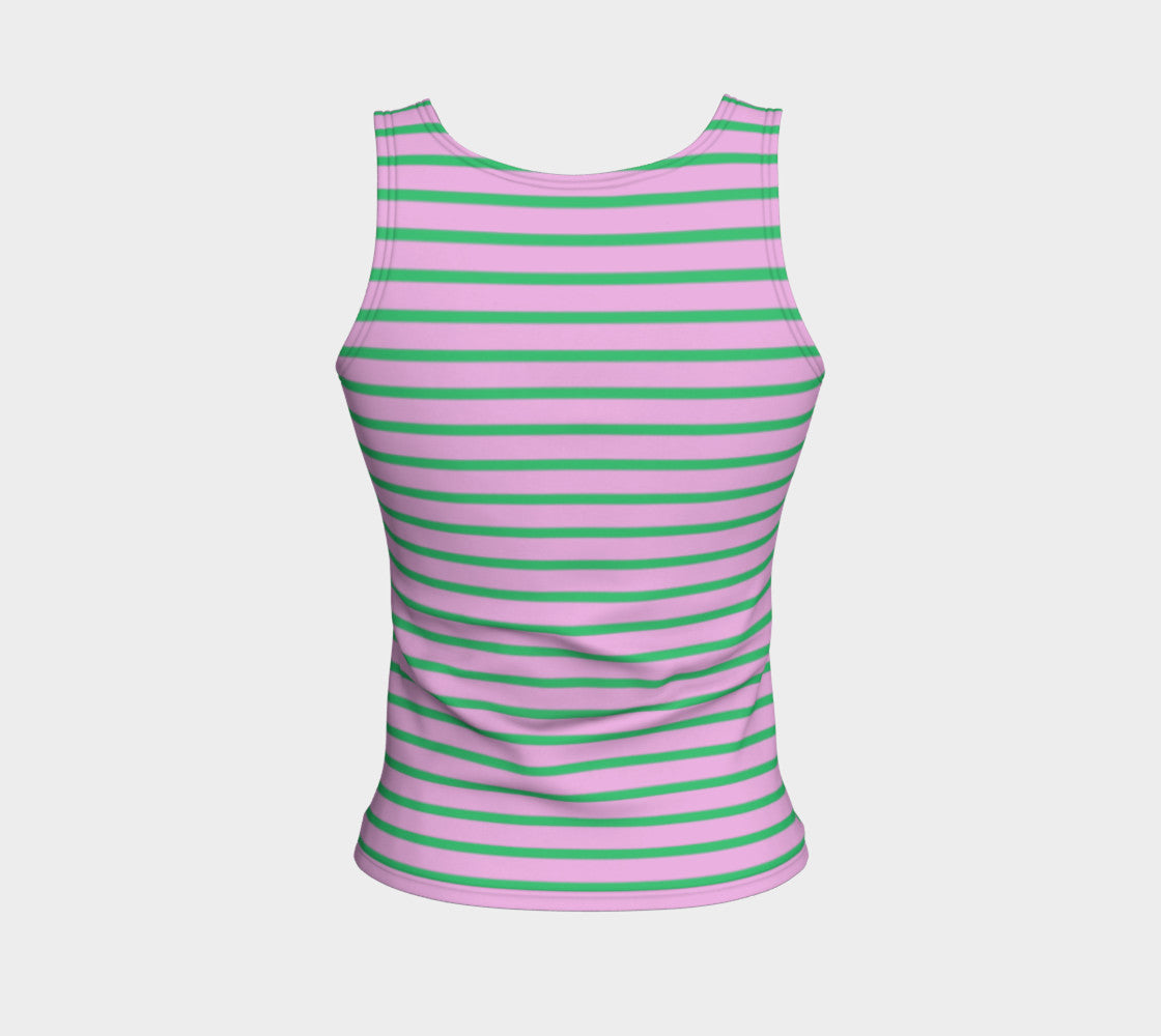 Striped Fitted Tank Top - Green on Light Pink - SummerTies