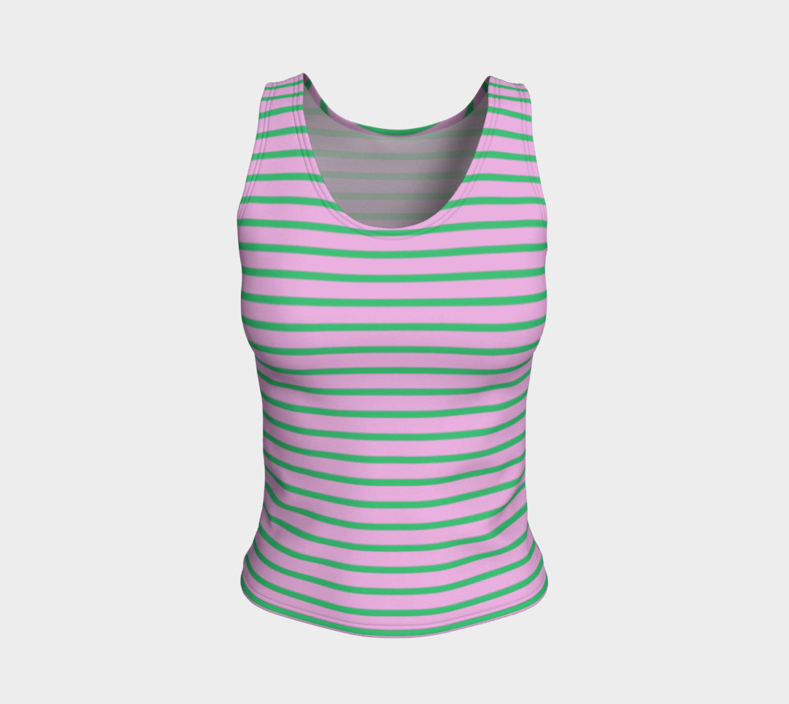 Striped Fitted Tank Top - Green on Light Pink - SummerTies