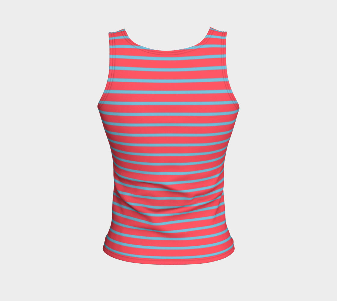 Striped Fitted Tank Top - Light Blue on Darker Coral - SummerTies