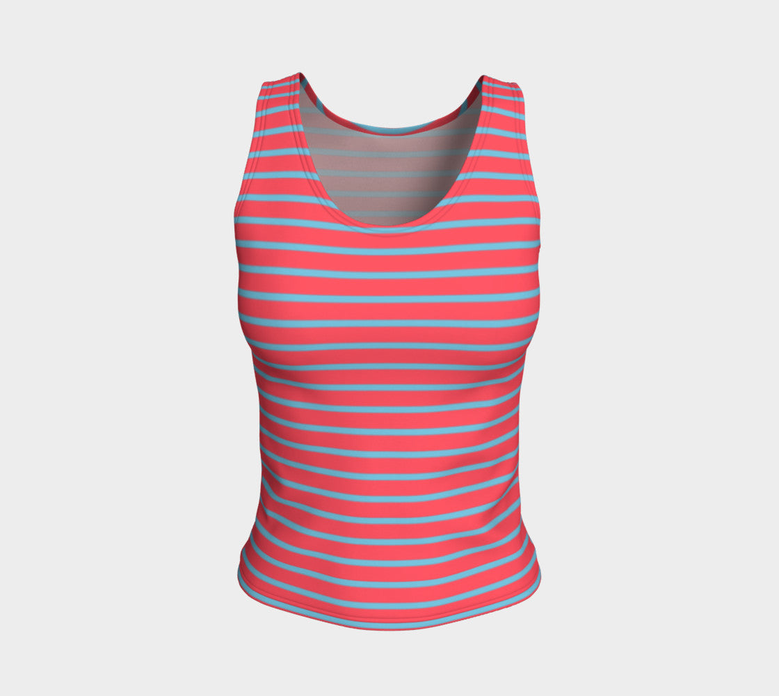 Striped Fitted Tank Top - Light Blue on Darker Coral - SummerTies