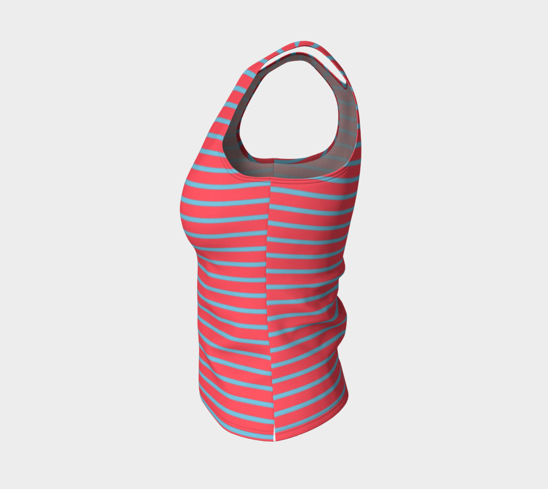 Striped Fitted Tank Top - Light Blue on Darker Coral - SummerTies