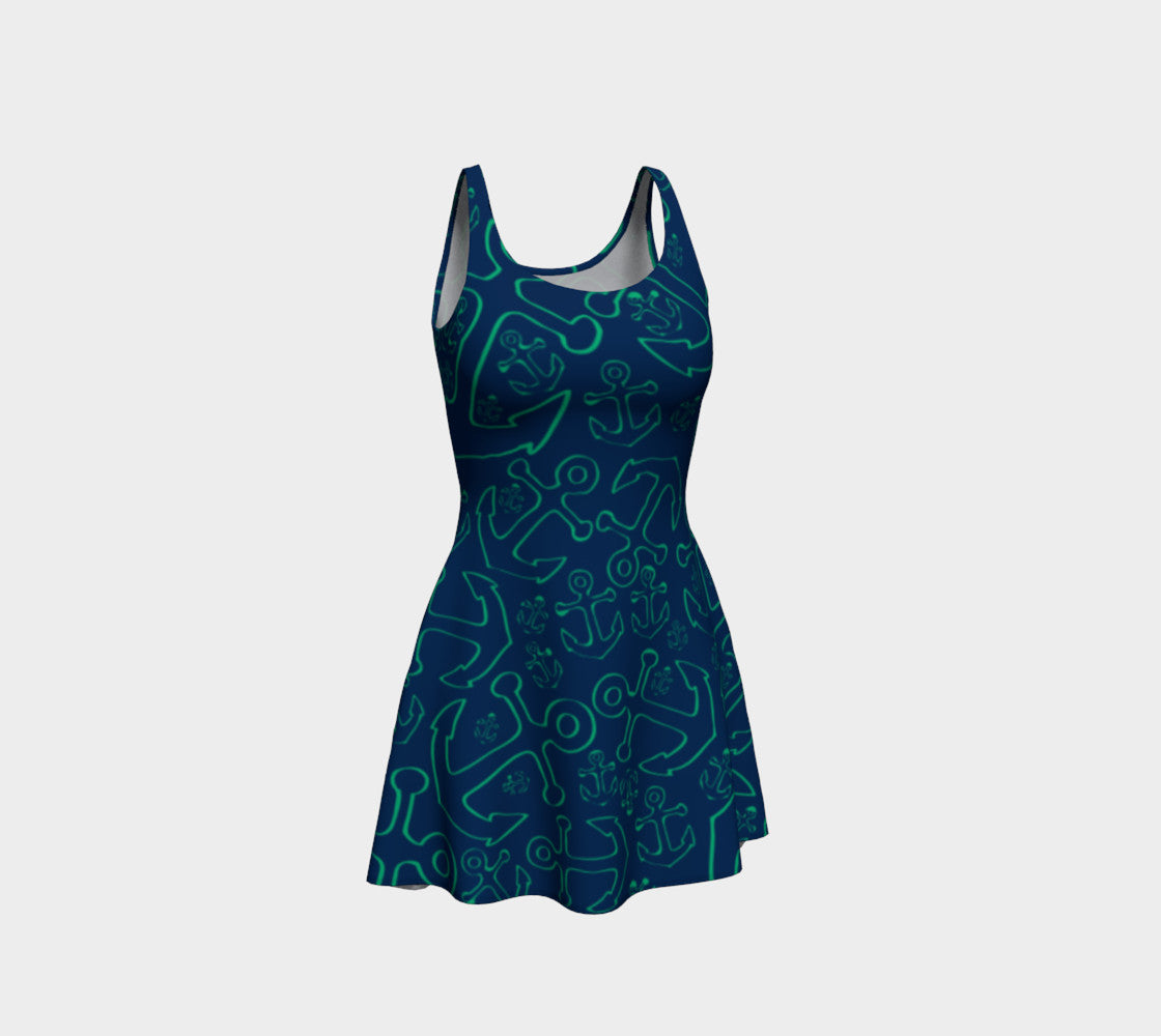 Anchor Dream Flare Dress - Green on Navy - SummerTies