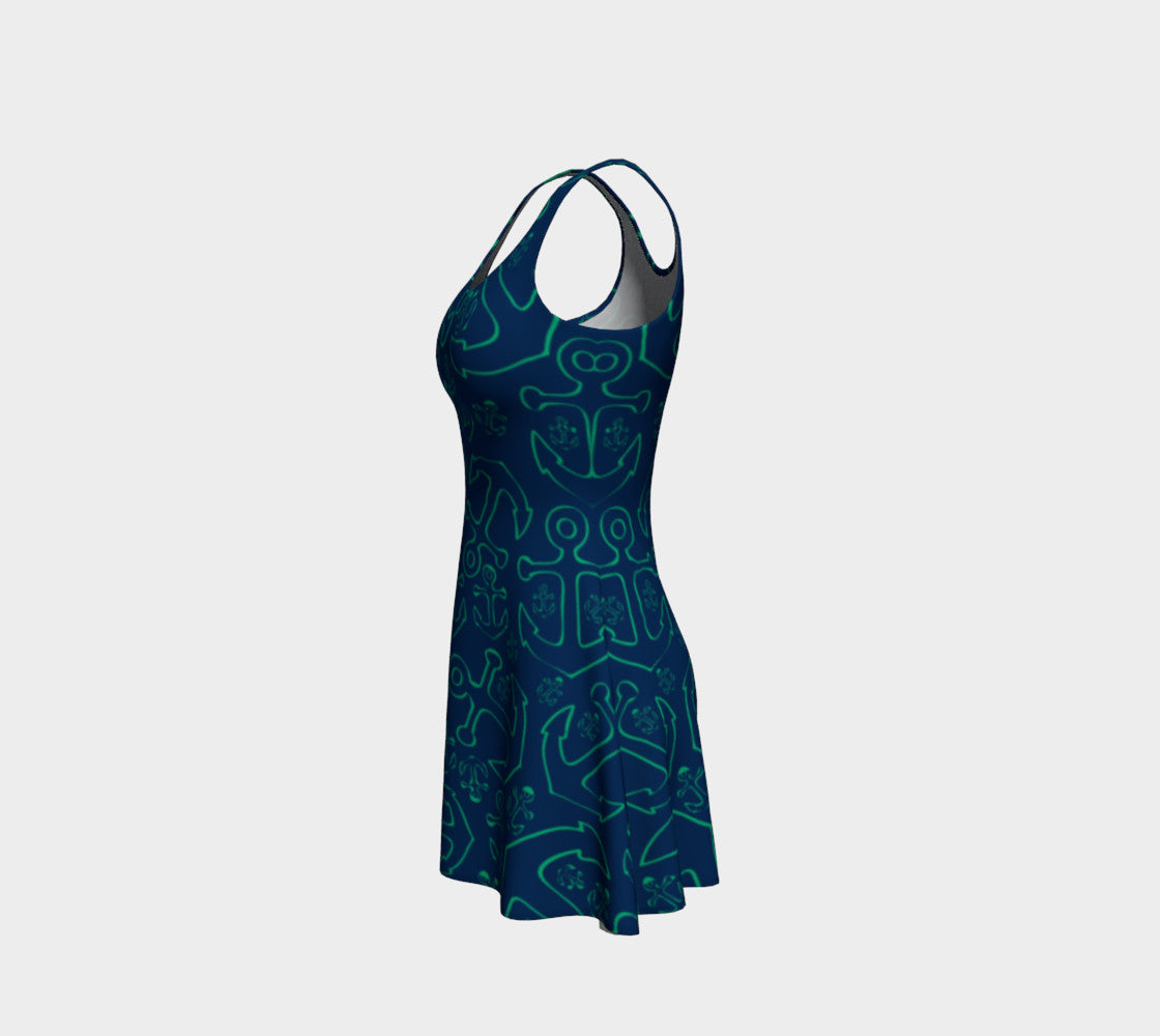 Anchor Dream Flare Dress - Green on Navy - SummerTies