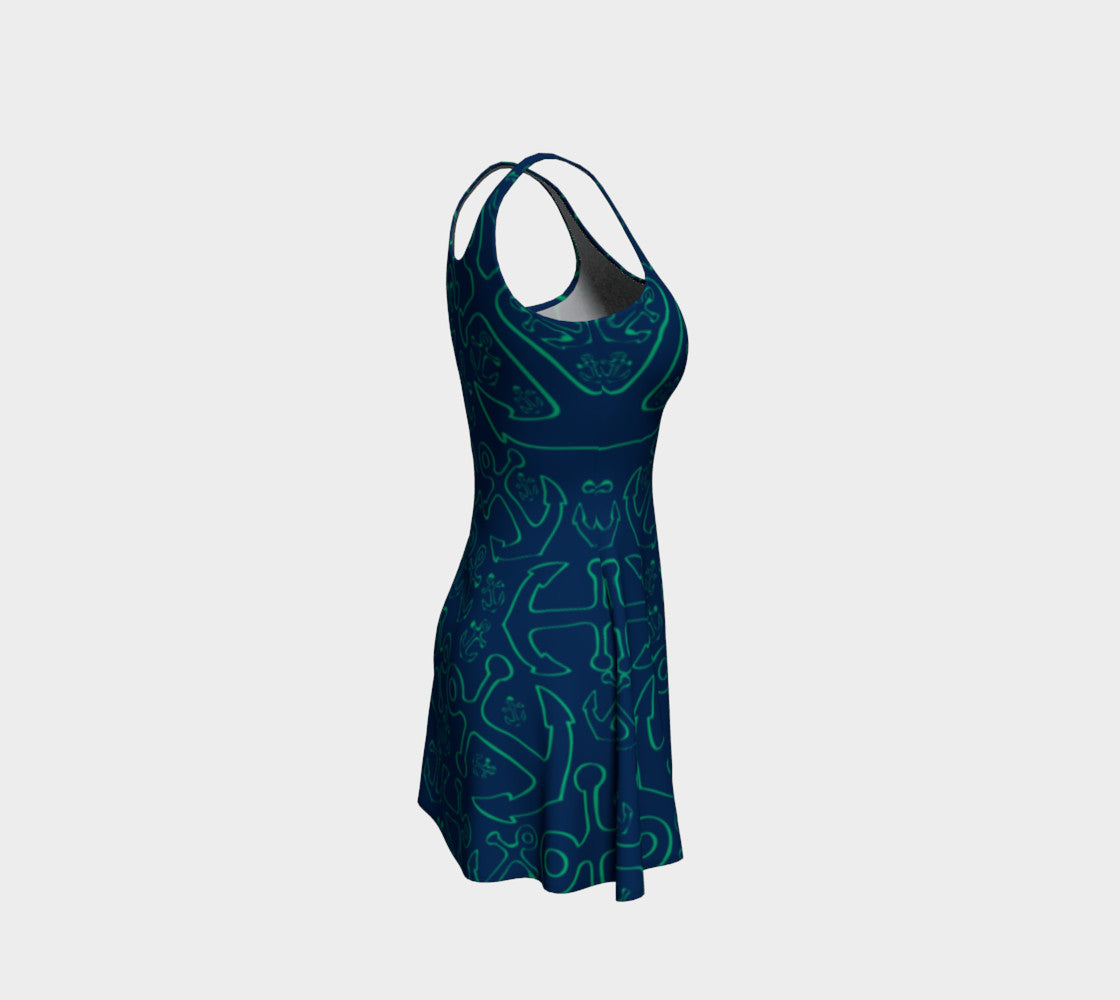 Anchor Dream Flare Dress - Green on Navy - SummerTies