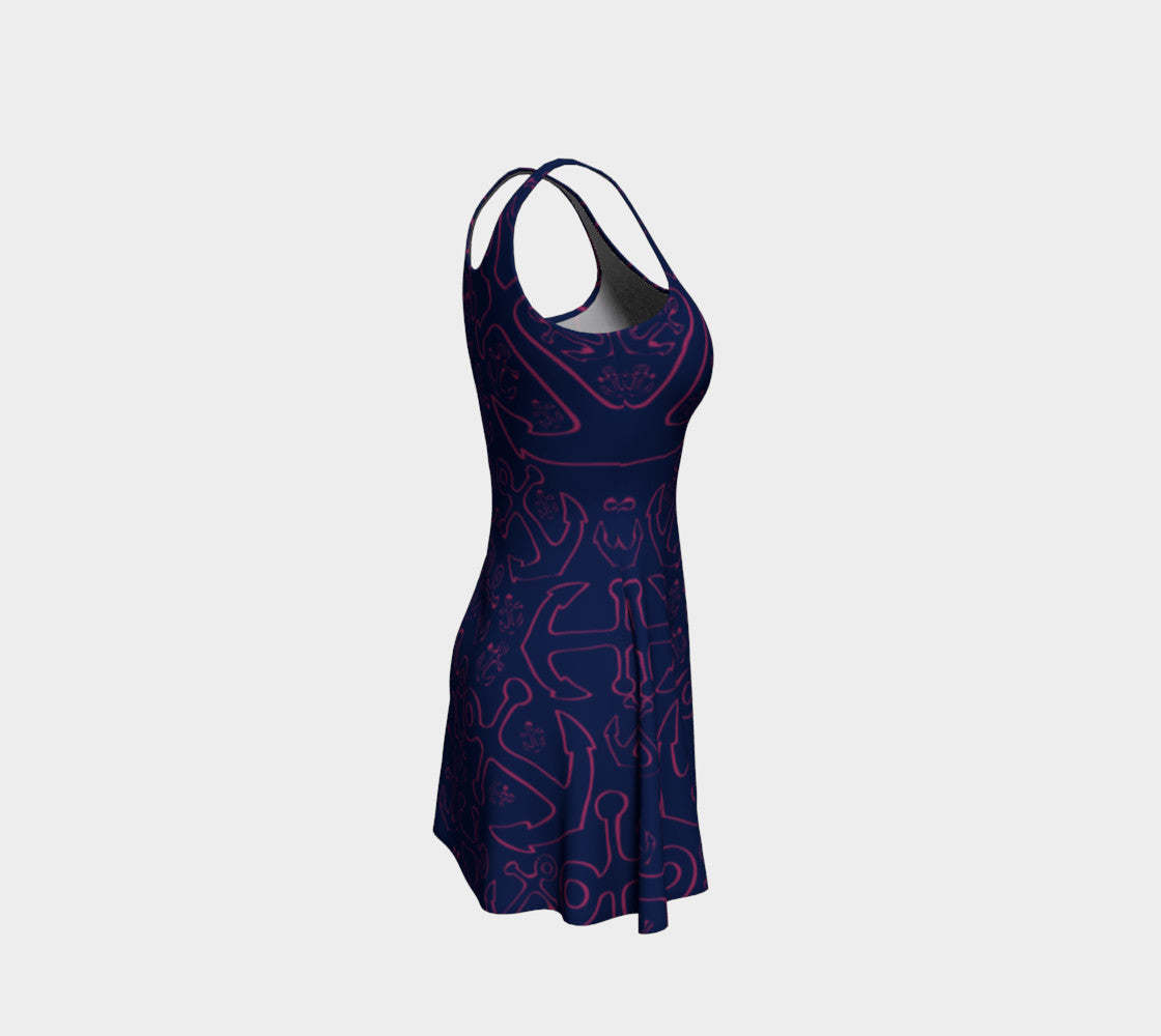 Anchor Dream Flare Dress - Pink on Navy - SummerTies