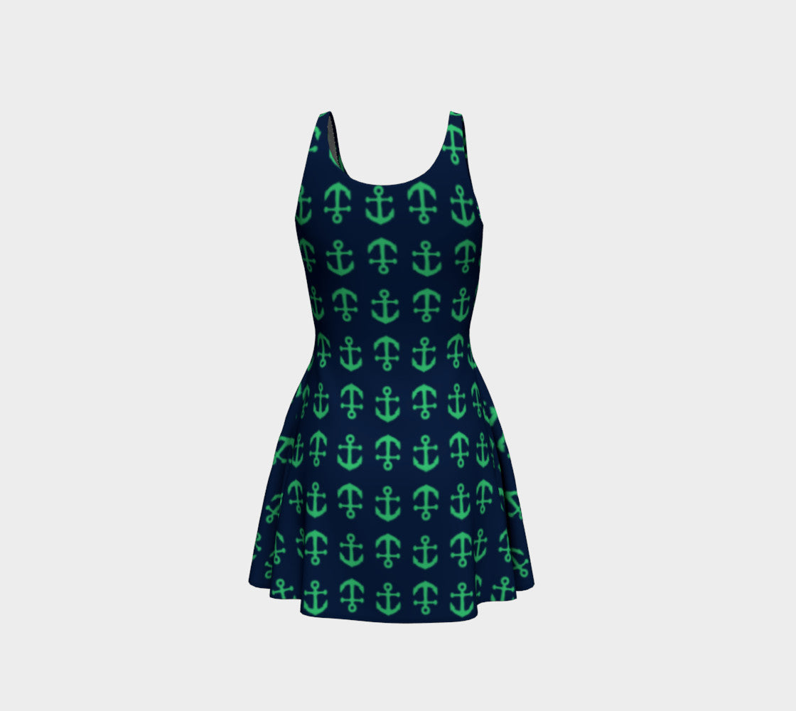 Anchor Toss Flare Dress - Green on Navy - SummerTies