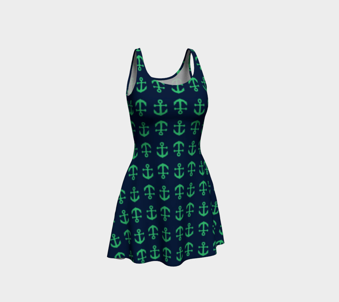 Anchor Toss Flare Dress - Green on Navy - SummerTies