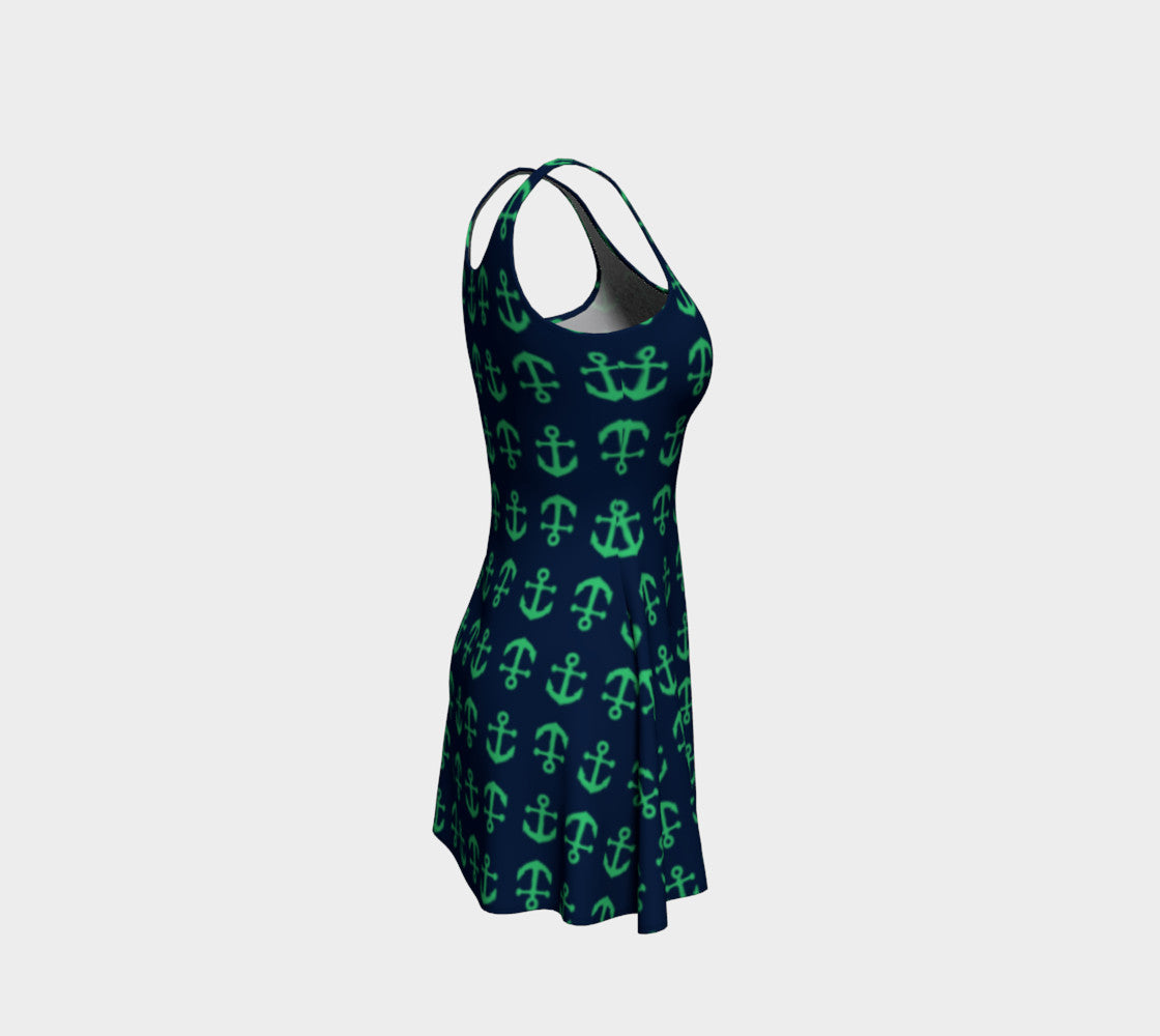 Anchor Toss Flare Dress - Green on Navy - SummerTies