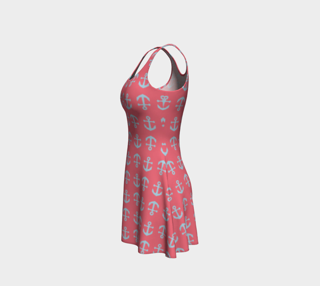 Anchor Toss Flare Dress - Light Blue on Coral - SummerTies