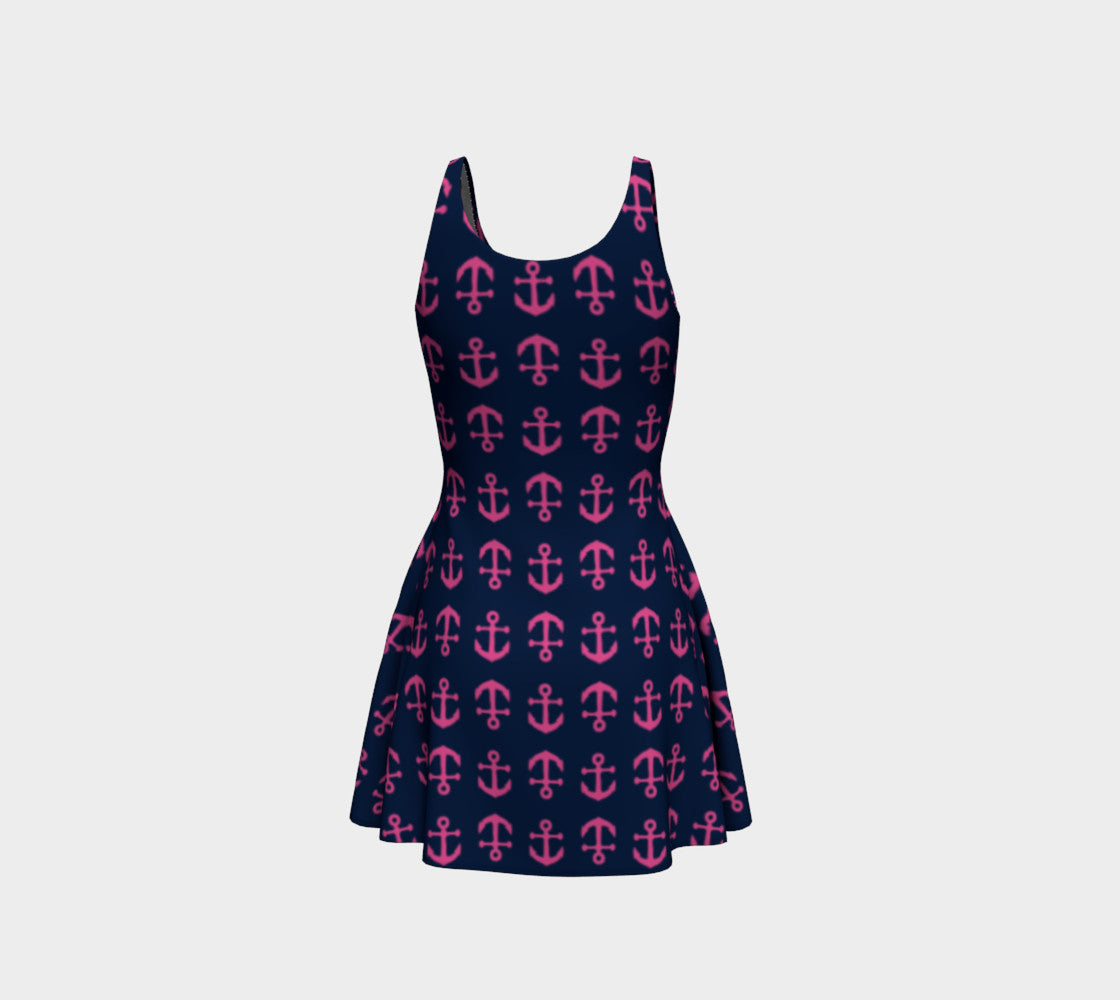 Anchor Toss Flare Dress - Pink on Navy - SummerTies