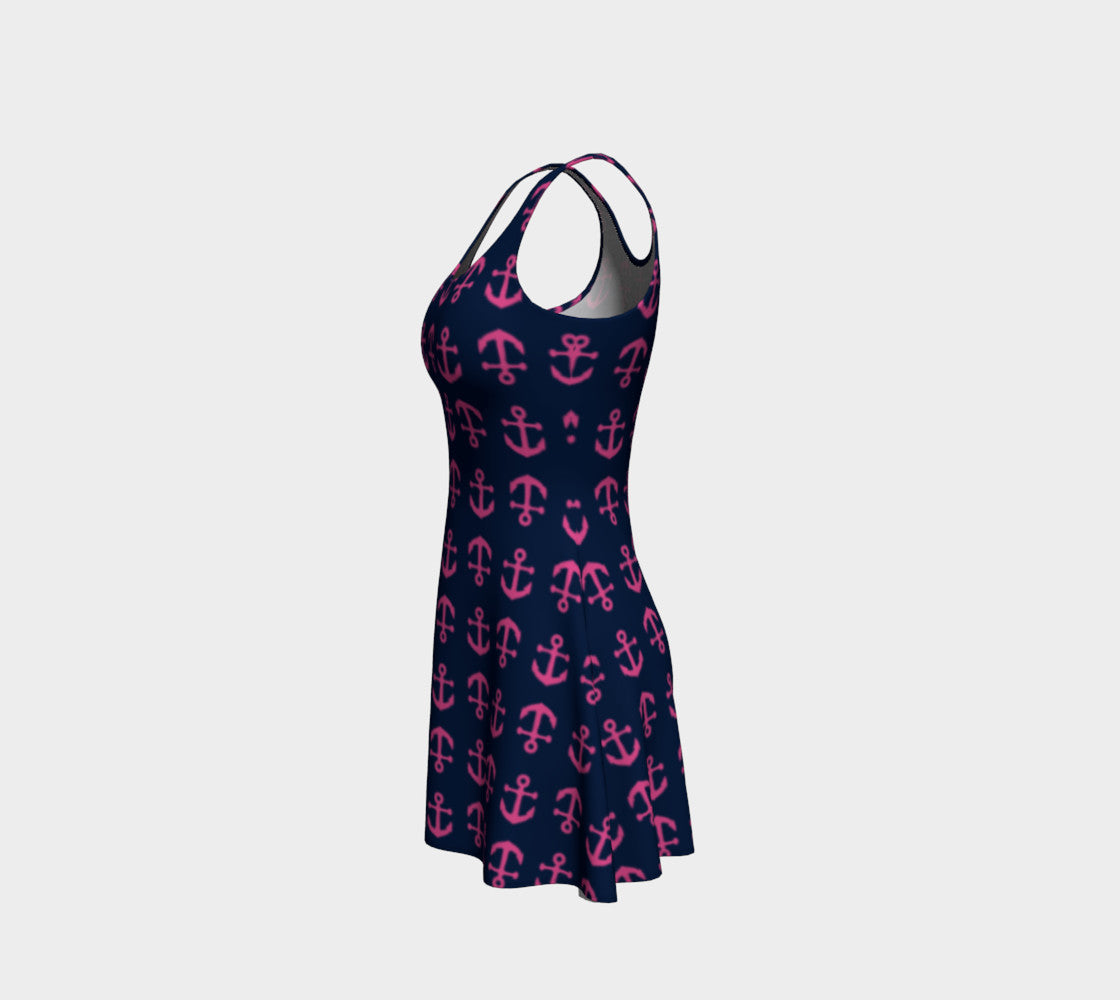 Anchor Toss Flare Dress - Pink on Navy - SummerTies