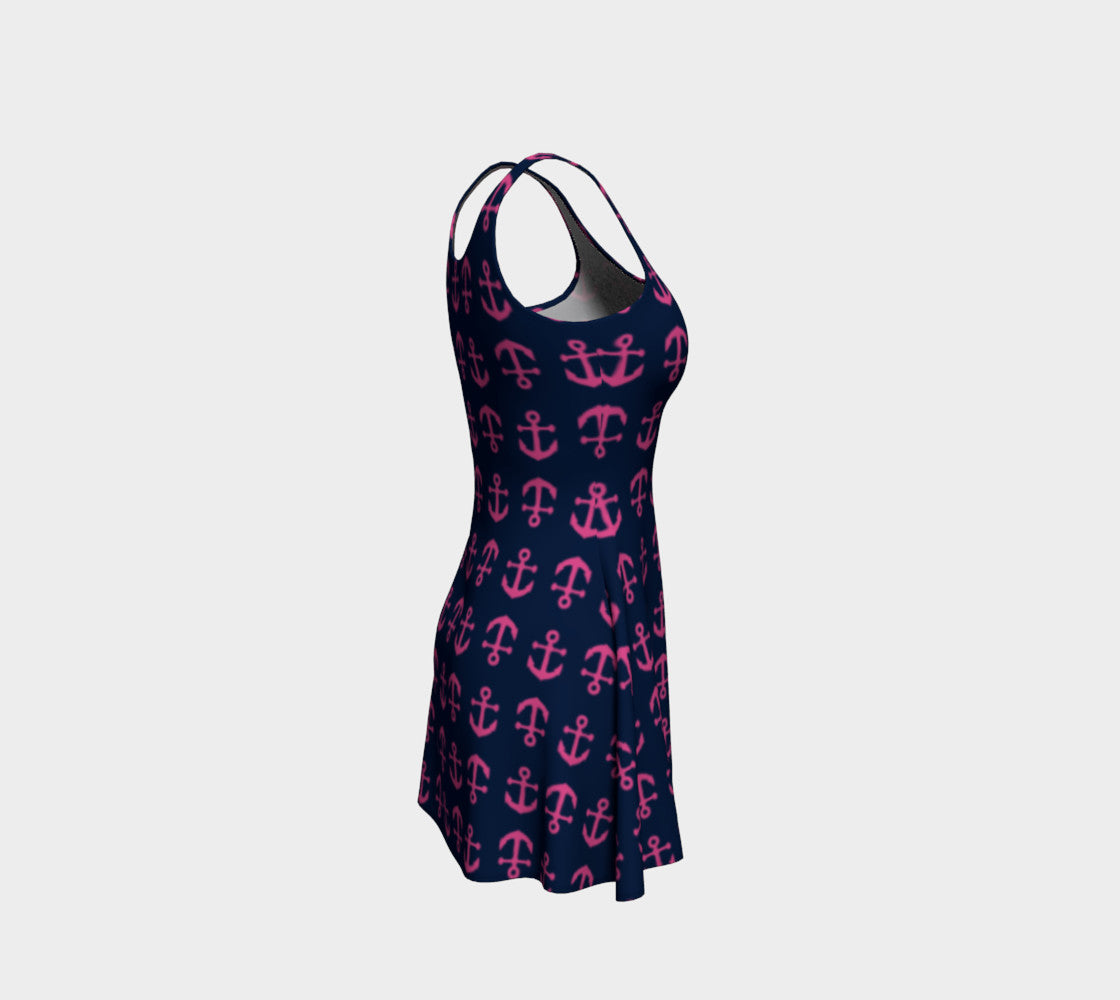 Anchor Toss Flare Dress - Pink on Navy - SummerTies