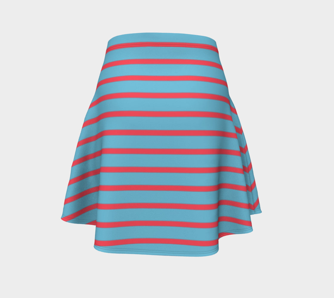 Striped Flare Skirt - Darker Coral on Light Blue - SummerTies
