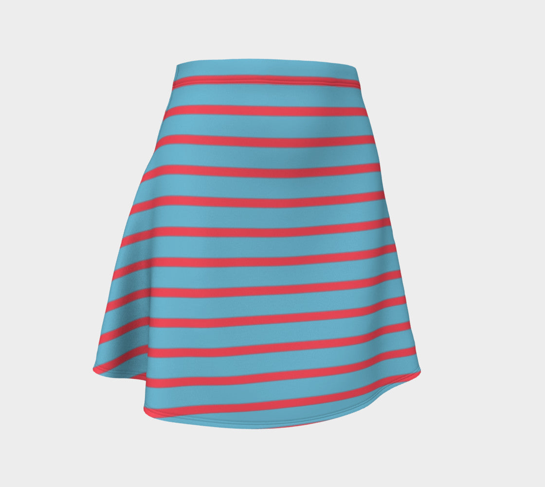 Striped Flare Skirt - Darker Coral on Light Blue - SummerTies