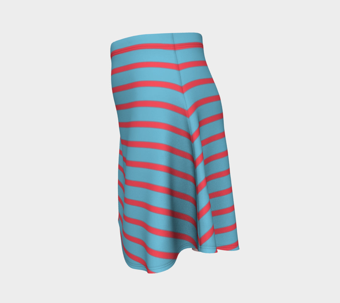 Striped Flare Skirt - Darker Coral on Light Blue - SummerTies
