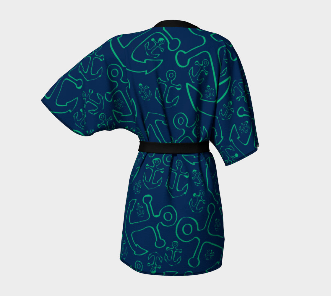 Anchor Dream Kimono Robe - Green on Navy - SummerTies