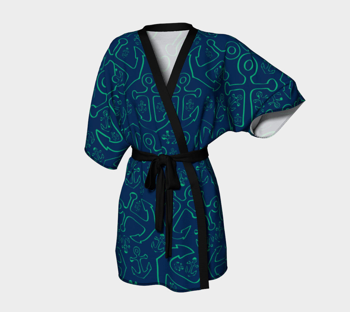 Anchor Dream Kimono Robe - Green on Navy - SummerTies