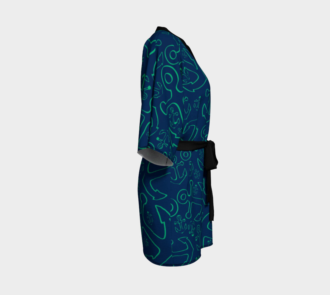 Anchor Dream Kimono Robe - Green on Navy - SummerTies