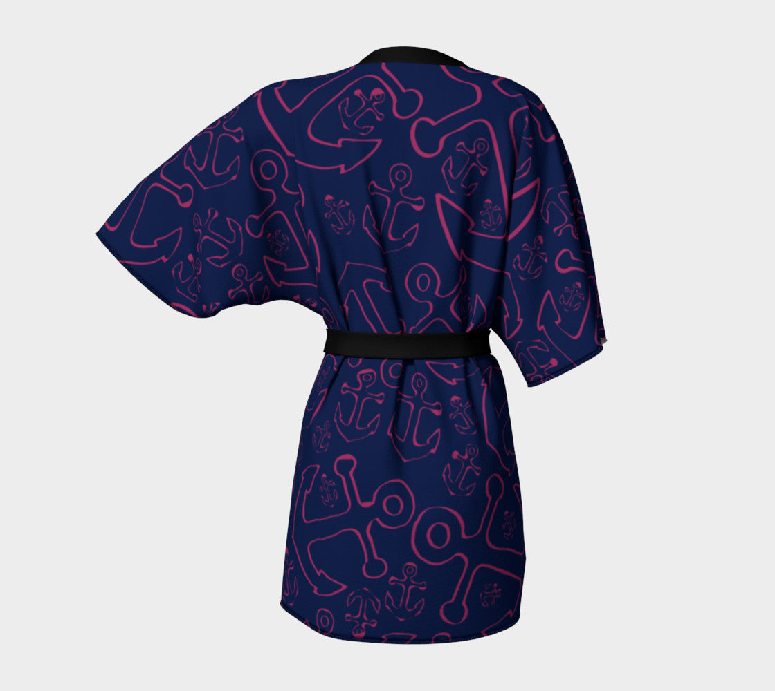 Anchor Dream Kimono Robe - Pink on Navy - SummerTies