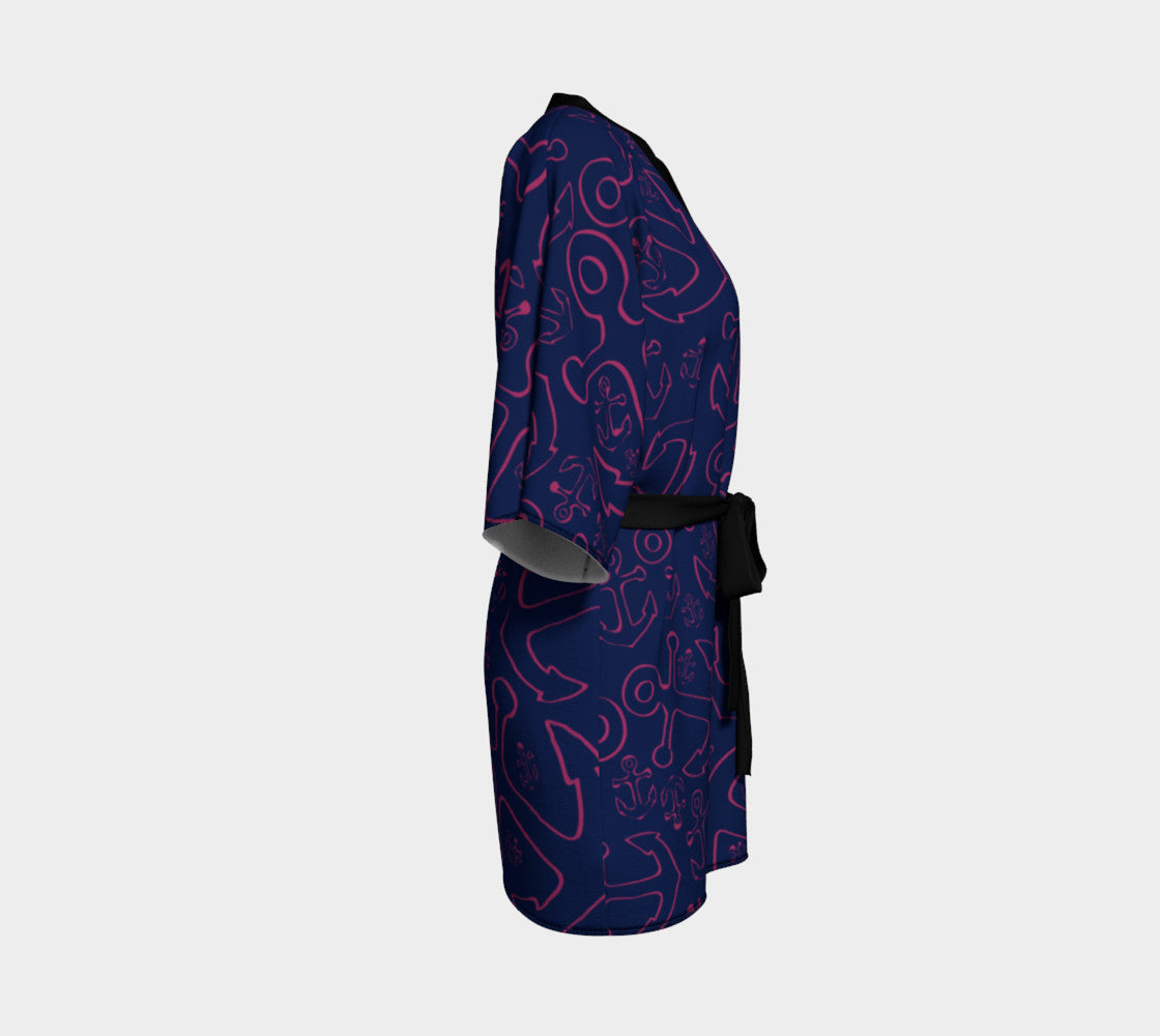 Anchor Dream Kimono Robe - Pink on Navy - SummerTies