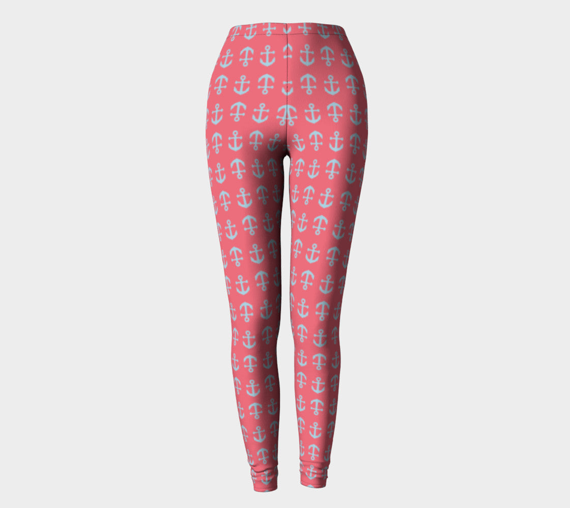 Anchor Toss Adult Leggings - Light Blue on Coral - SummerTies