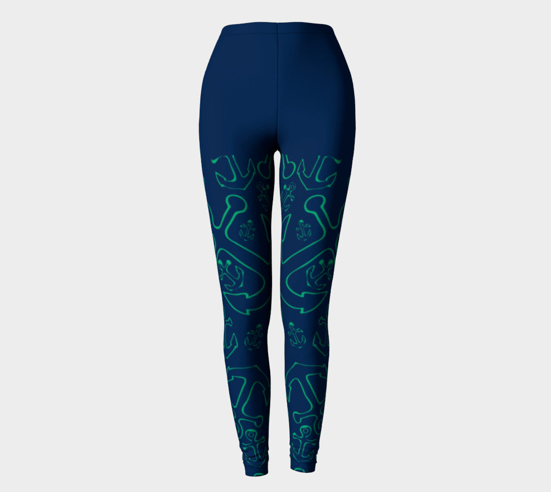 Anchor Dream Adult Leggings - Legs Only, Green on Navy - SummerTies