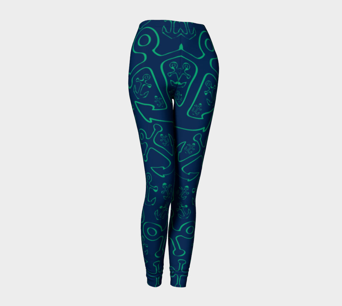 Anchor Dream Adult Leggings - Green on Navy - SummerTies