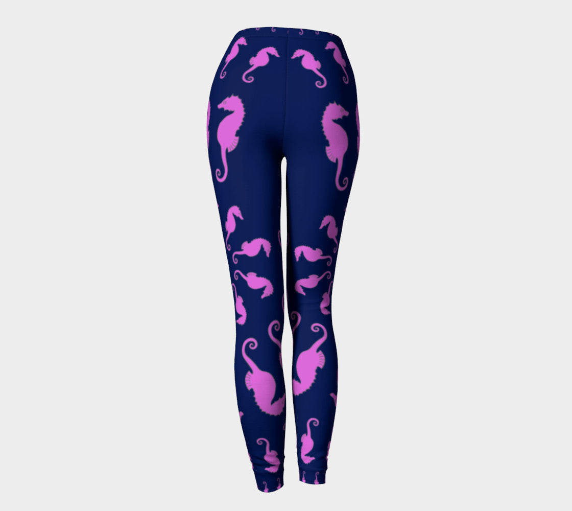 Seahorse Adult Leggings - Pink on Navy - SummerTies