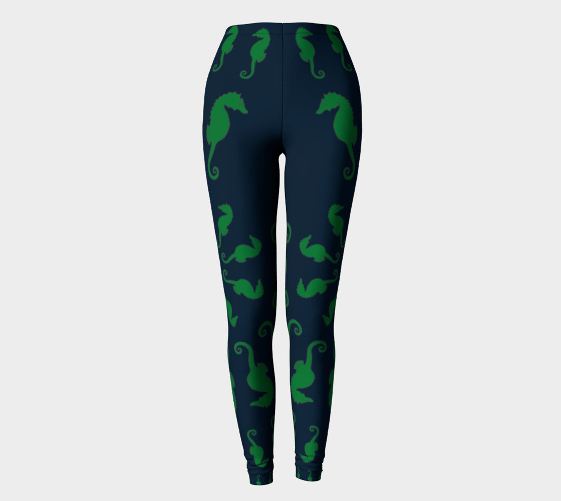 Seahorse Adult Leggings - Green on Navy - SummerTies