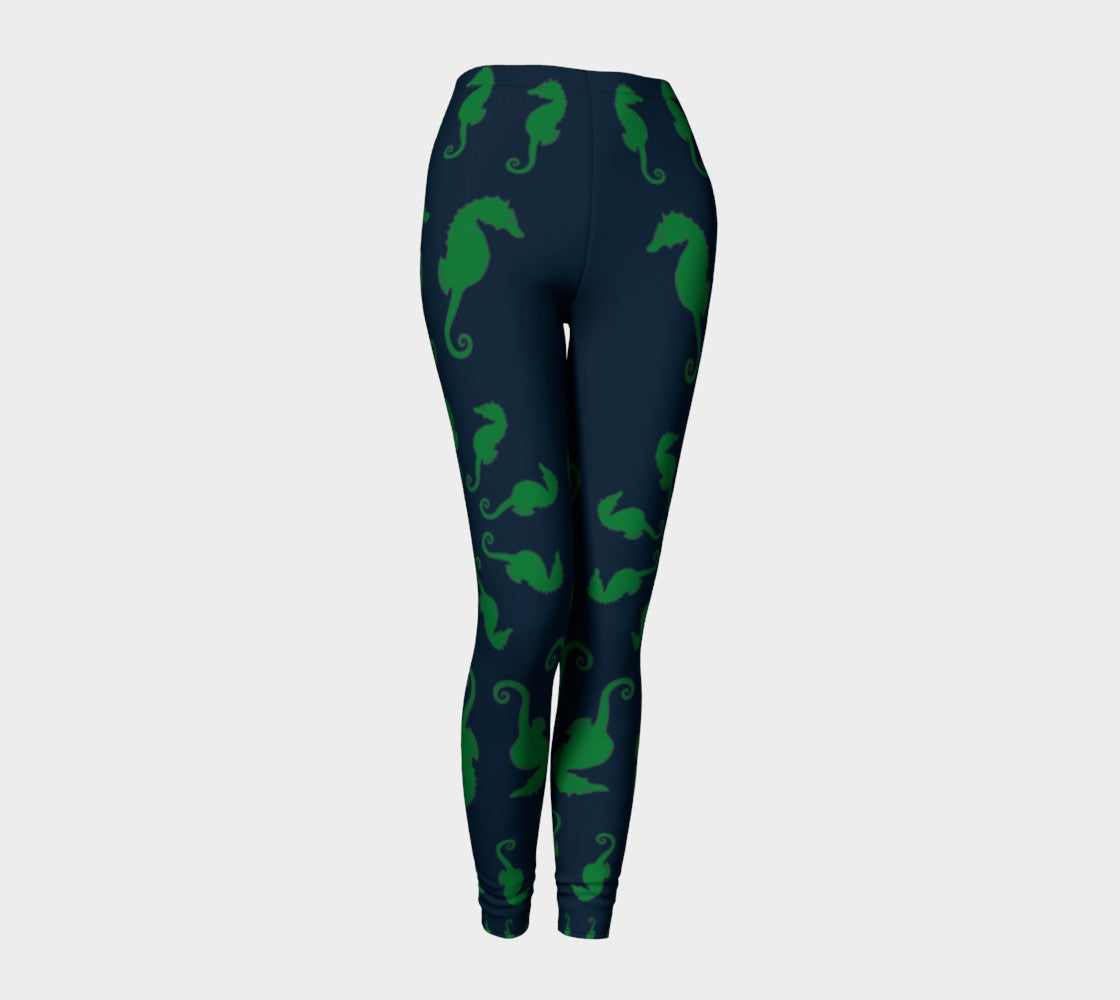 Seahorse Adult Leggings - Green on Navy - SummerTies