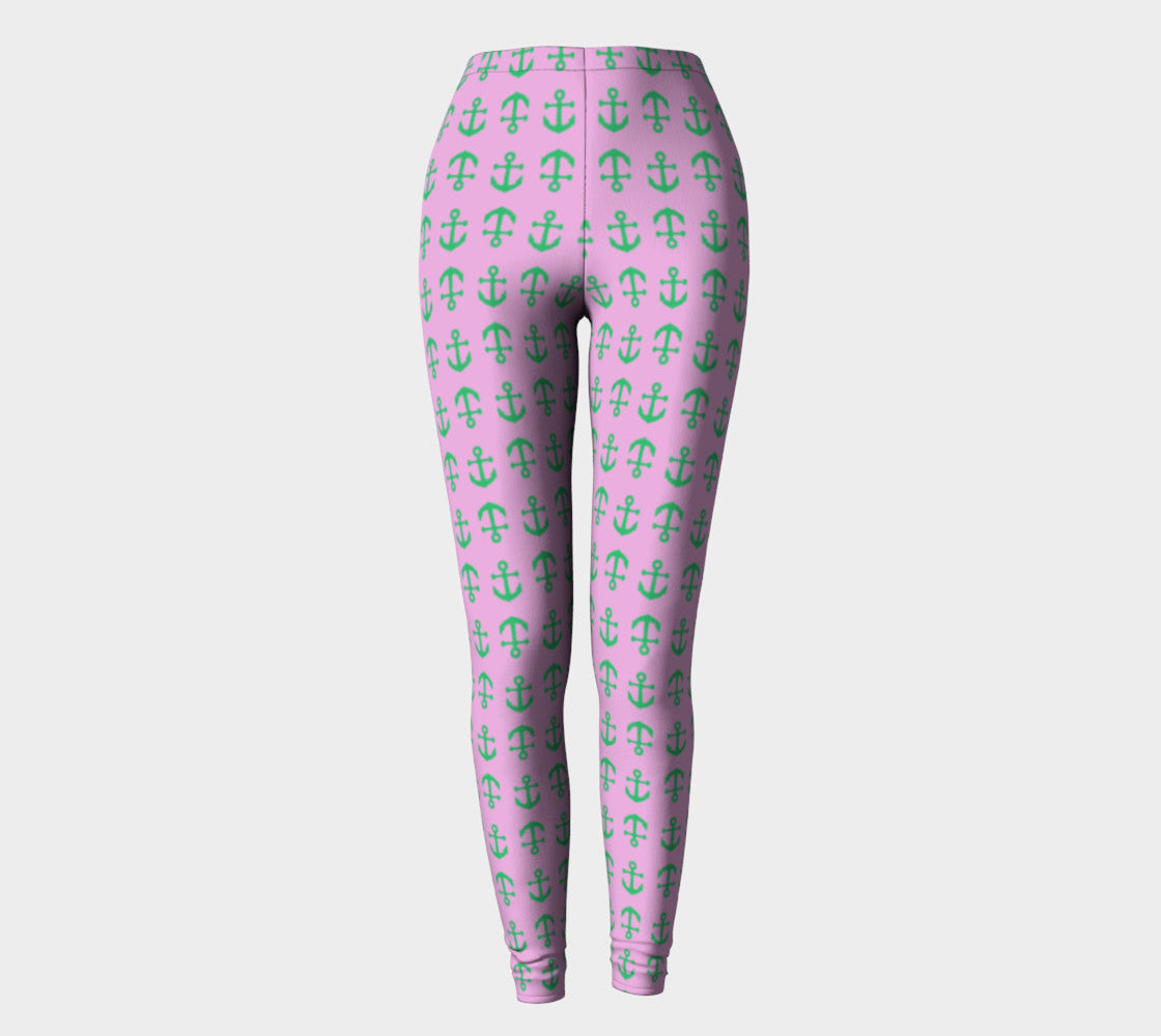 Anchor Toss Adult Leggings - Green on Light Pink - SummerTies