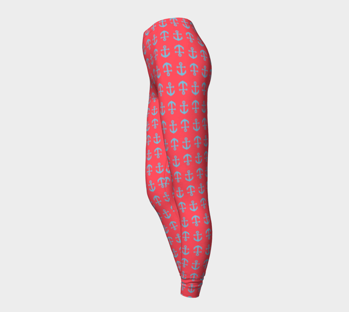 Anchor Toss Adult Leggings - Light Blue on Darker Coral - SummerTies