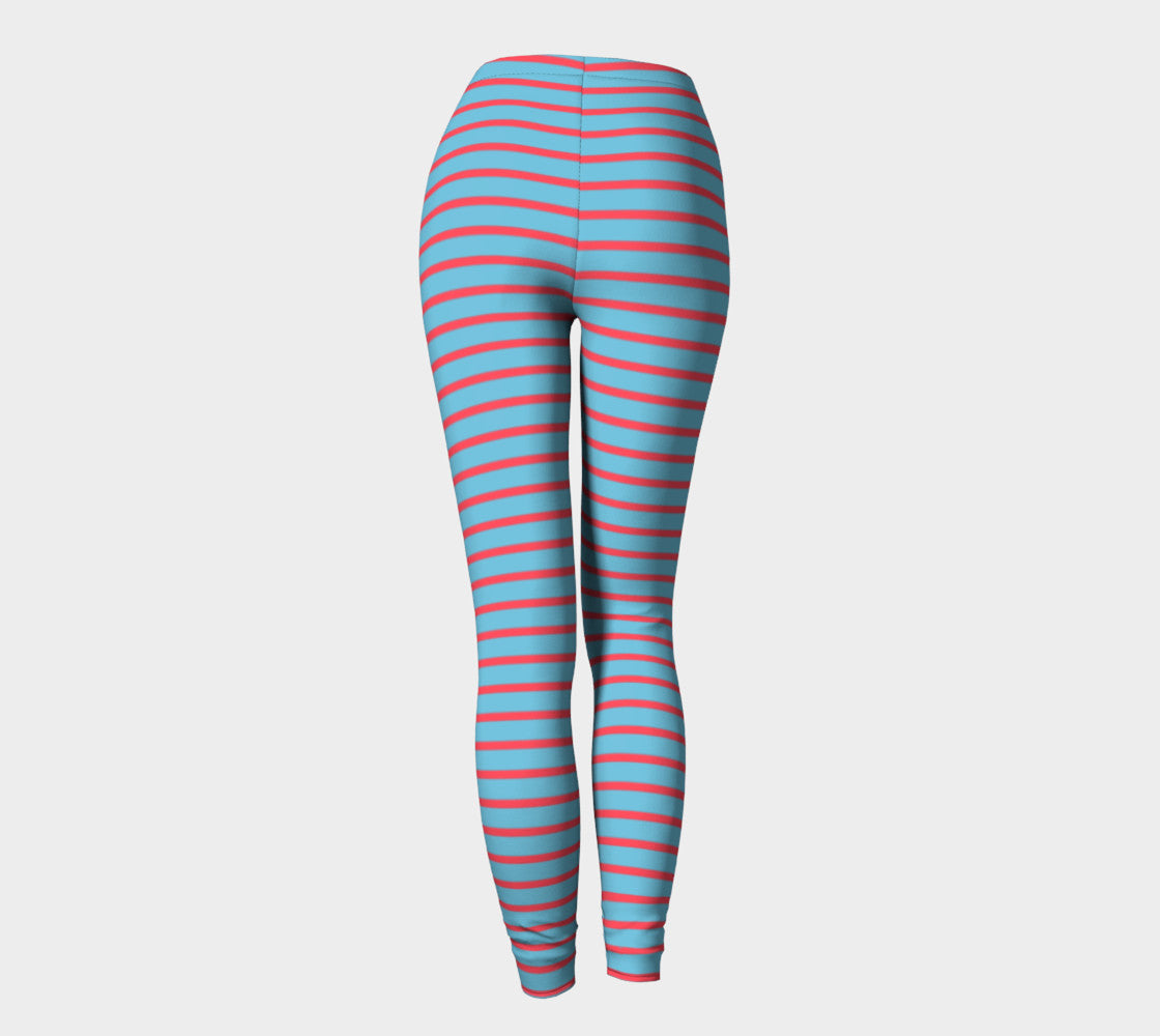 Striped Adult Leggings - Darker Coral on Light Blue - SummerTies