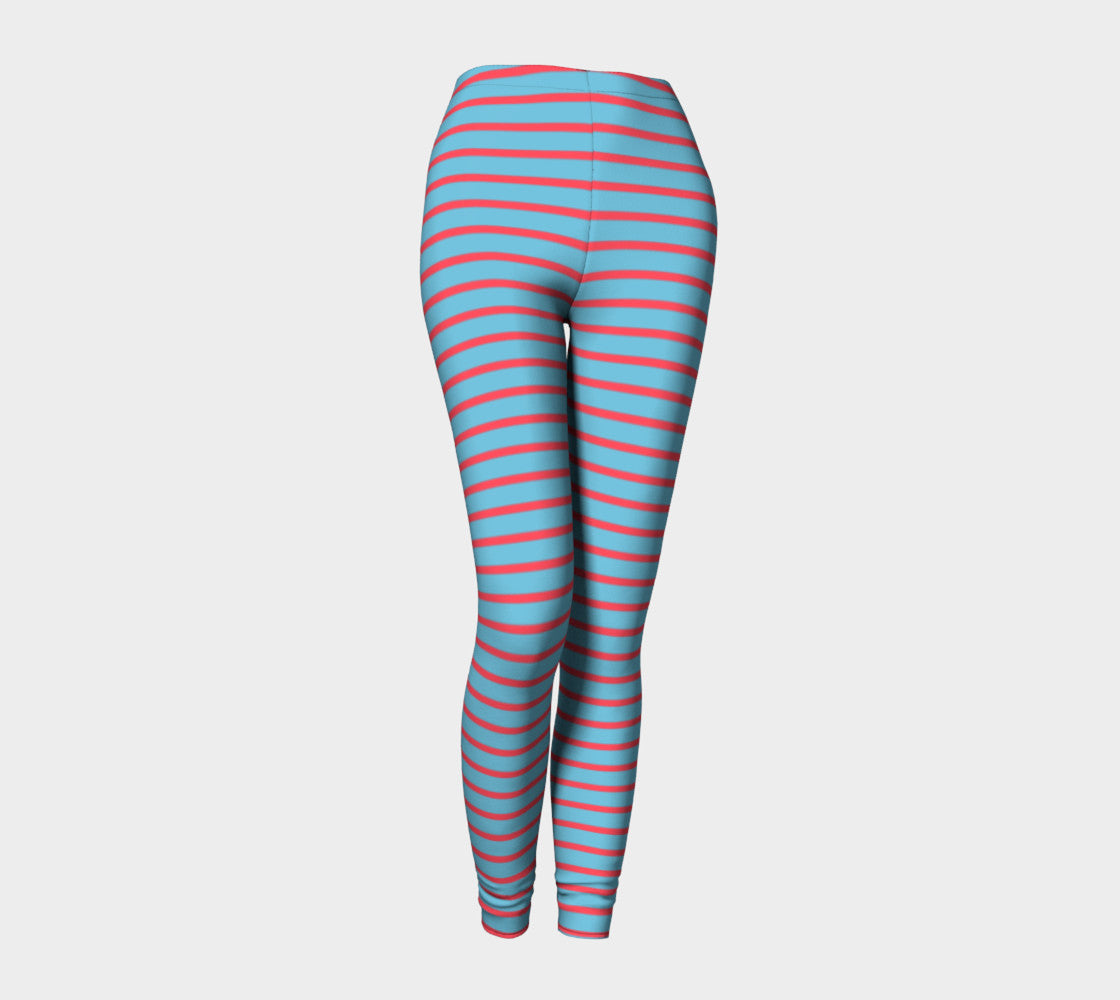 Striped Adult Leggings - Darker Coral on Light Blue - SummerTies